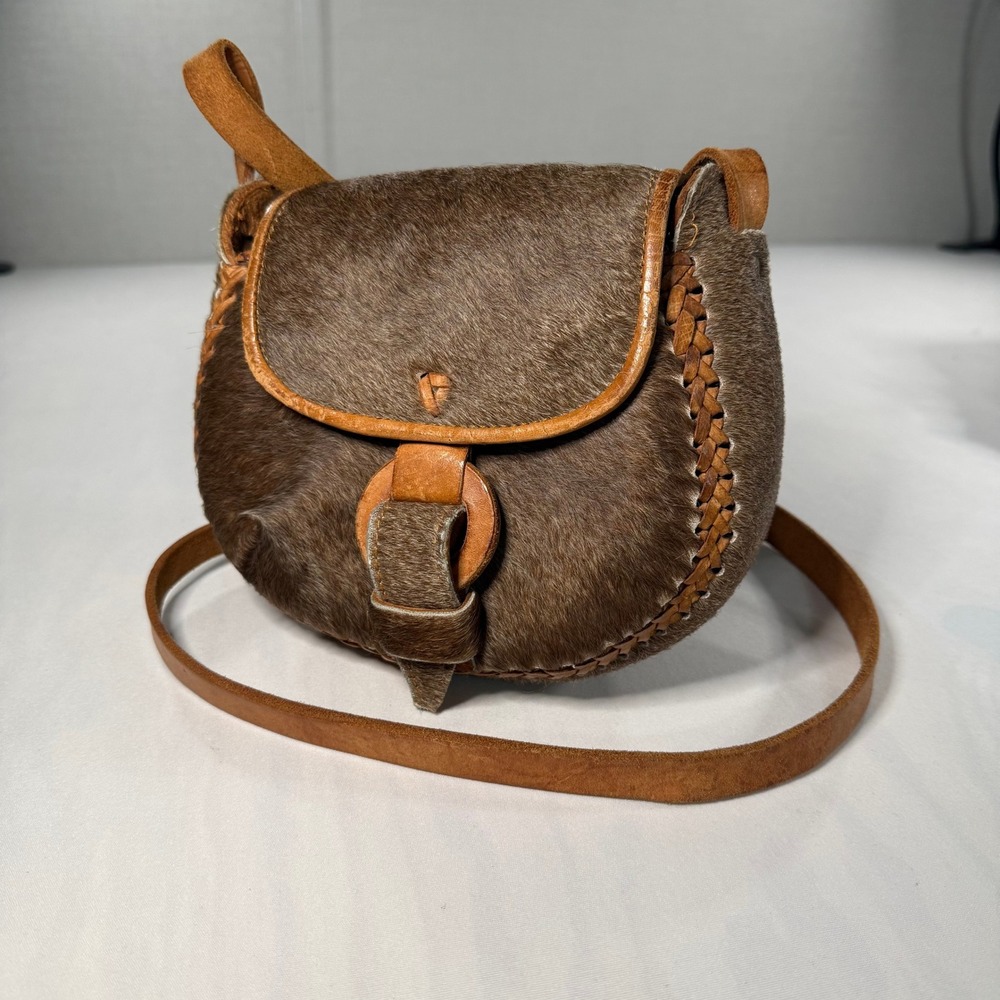 Vintage‎ Handmade Cowhide Leather Saddle Bag Crossbody Whipstitch Western Boho